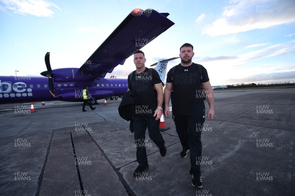 070319 - Wales Rugby Squad Travel to Edinburgh - Gareth Davies and Rob Evans arrives in Edinburgh