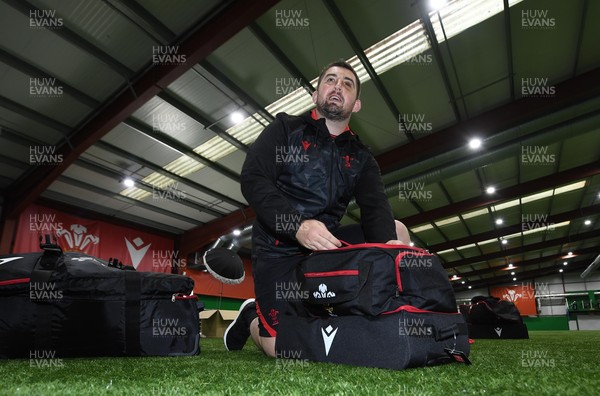 181021 - Wales Rugby Squad First Day of Camp - Wyn Jones looks through his kit bag during the Wales squads first day of camp