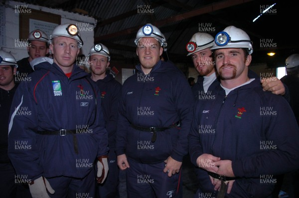 23.11.07 - Wales Rugby Team at Big Pit in South Wales - Wales (l-r)Tom Shanklin, Gethin Jenkins, Cai Griffiths and Huw Bennett during a visit to Coal mining museum, Big Pit in South Wales 