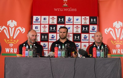 090517 - Wales Rugby Tour Squad Announcement - Wales Tour captain Jamie Roberts, with coaches Robin McBryde, left and Shaun Edwards, at the announcement of the Wales Summer Tour Squad for the matches against Tonga and Samoa