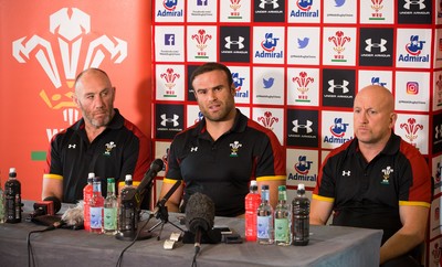 090517 - Wales Rugby Tour Squad Announcement - Wales Tour captain Jamie Roberts, with coaches Robin McBryde, left and Shaun Edwards, at the announcement of the Wales Summer Tour Squad for the matches against Tonga and Samoa