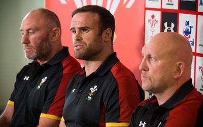 090517 - Wales Rugby Tour Squad Announcement - Wales Tour captain Jamie Roberts, with coaches Robin McBryde, left and Shaun Edwards, at the announcement of the Wales Summer Tour Squad for the matches against Tonga and Samoa