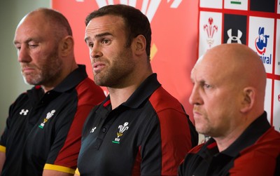 090517 - Wales Rugby Tour Squad Announcement - Wales Tour captain Jamie Roberts, with coaches Robin McBryde, left and Shaun Edwards, at the announcement of the Wales Summer Tour Squad for the matches against Tonga and Samoa