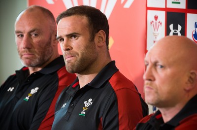 090517 - Wales Rugby Tour Squad Announcement - Wales Tour captain Jamie Roberts, with coaches Robin McBryde, left and Shaun Edwards, at the announcement of the Wales Summer Tour Squad for the matches against Tonga and Samoa