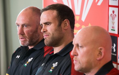 090517 - Wales Rugby Tour Squad Announcement - Wales Tour captain Jamie Roberts, with coaches Robin McBryde, left and Shaun Edwards, at the announcement of the Wales Summer Tour Squad for the matches against Tonga and Samoa