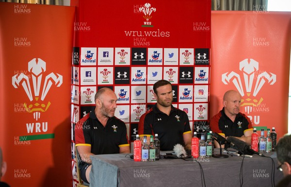 090517 - Wales Rugby Tour Squad Announcement - Wales Tour captain Jamie Roberts, with coaches Robin McBryde, left and Shaun Edwards, at the announcement of the Wales Summer Tour Squad for the matches against Tonga and Samoa