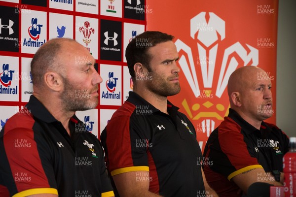 090517 - Wales Rugby Tour Squad Announcement - Wales Tour captain Jamie Roberts, with coaches Robin McBryde, left and Shaun Edwards, at the announcement of the Wales Summer Tour Squad for the matches against Tonga and Samoa