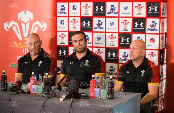 090517 - Wales Rugby Tour Squad Announcement - Wales Tour captain Jamie Roberts, with coaches Robin McBryde, left and Shaun Edwards, at the announcement of the Wales Summer Tour Squad for the matches against Tonga and Samoa