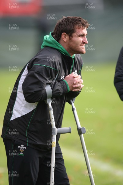 03.11.08 ... Wales Rugby Training session, Sophia Gardens, Cardiff -  Wales and Ospreys player Huw Bennett watches training after picking up injury in yesterdays match against London Irish 