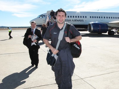 06.06.08 Wales rugby in S.Africa... Wales Stephen Jones arrives at Bloemfontein Airport.   