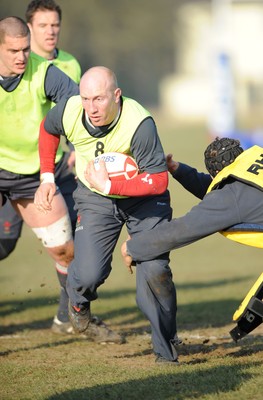 19.02.08  - Wales Rugby Training - Tom Shanklin is tackled by Tom James during training 
