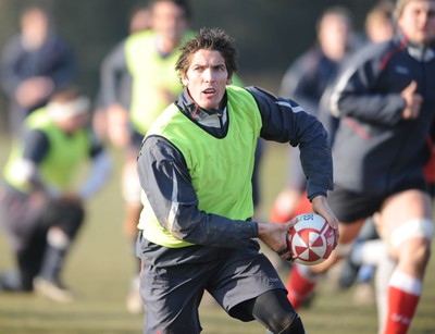 19.02.08  - Wales Rugby Training - James Hook looks for support during training 