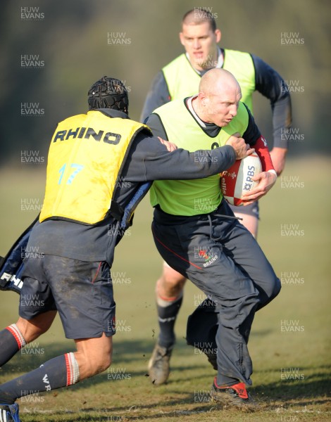 19.02.08  - Wales Rugby Training - Tom Shanklin is tackled by Tom James during training 