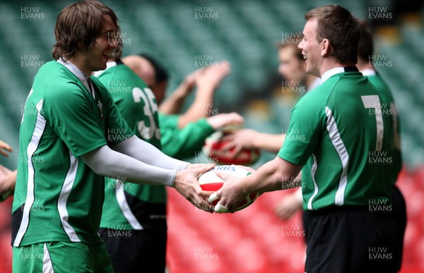 25.02.09 - Wales Rugby Training - Ryan Jones and Matthew Rees share a joke during training. 