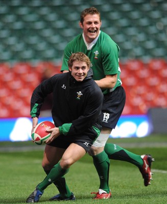 28.11.08 - Wales Rugby Training - Leigh Halfpenny is caught by Dafydd Jones during training 