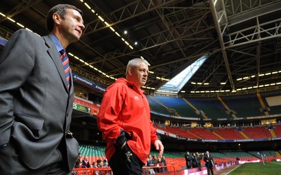 28.11.08 - Wales Rugby Training - WRU Chief Executive, Roger Lewis and Wales Coach, Warren Gatland walk out onto the pitch at the Millennium Stadium. 