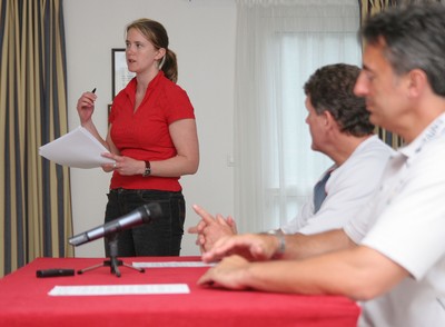 23.07.07 Wales World Cup Squad Training, St. Nazaire, France WRU's Liz Jones(L) translates to the French media on behalf of coaches Gareth Jenkins & Nigel Davies during a press conference  at the Wales training camp in St. Nazaire, France. Darren Griffiths/