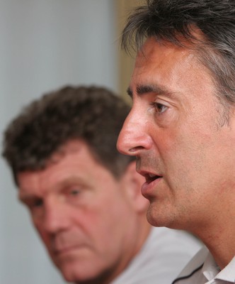 23.07.07 Wales World Cup Squad Training, St. Nazaire, France Nigel Davies(R) answers questions during a press conference  at the Wales training camp in St. Nazaire, France. Darren Griffiths/