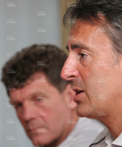 23.07.07 Wales World Cup Squad Training, St. Nazaire, France Nigel Davies(R) answers questions during a press conference  at the Wales training camp in St. Nazaire, France. Darren Griffiths/