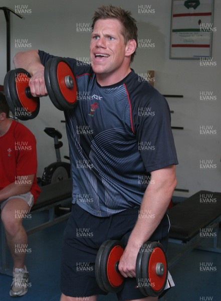 24.07.07 Wales World Cup Squad Training, St. Nazaire, France Rhys Thomas powers through his reps as The Welsh team take a session in the gym at their training camp in St. Nazaire, France. Darren Griffiths/