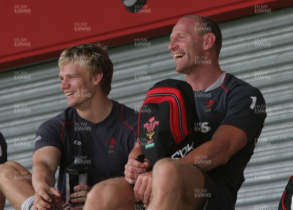 25.07.07 Wales World Cup Squad Training, St. Nazaire, France Dwayne Peel(L) & Gareth Thomas enjoy a joke as they unwind following full contact training at  Wales' training camp in St. Nazaire, France. 