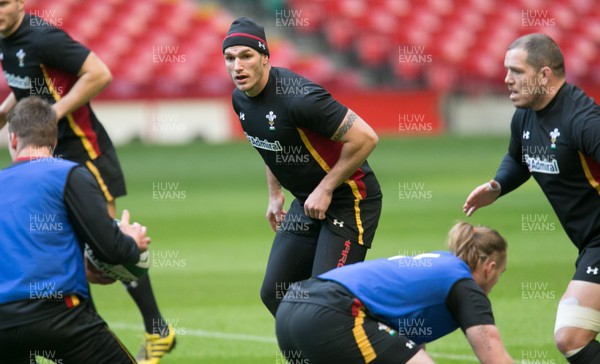 030216 - Wales rugby training session, Principality Stadium - Tom James during a training session at the Principality Stadium ahead of the Six Nations match against Ireland