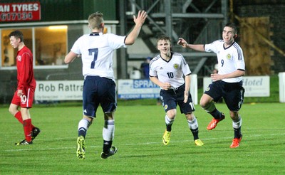 311013 - Wales v Scotland Under 16 Victory Shield International, Aberystwyth - Scotland's Kevin O'Hara celebrates goal with Scotland's Calvin Miller