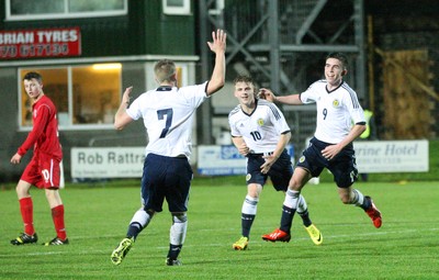 311013 - Wales v Scotland Under 16 Victory Shield International, Aberystwyth - Scotland's Kevin O'Hara celebrates goal with Scotland's Calvin Miller