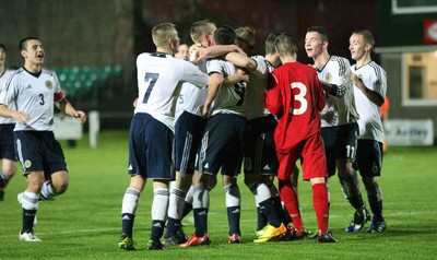 311013 - Wales v Scotland Under 16 Victory Shield International, Aberystwyth - Scotland celebrates goal 