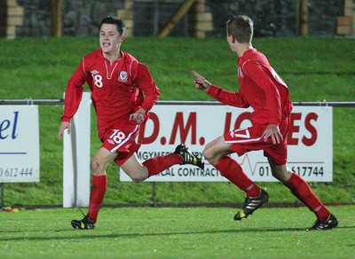 311013 - Wales v Scotland Under 16 Victory Shield International, Aberystwyth - Wales' Liam Cullen celebrates after scoring second goal