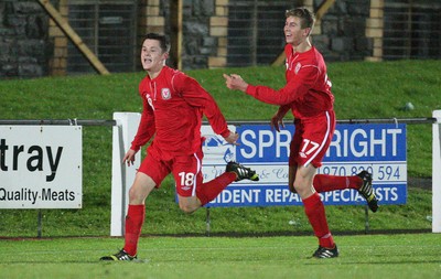 311013 - Wales v Scotland Under 16 Victory Shield International, Aberystwyth - Wales' Liam Cullen celebrates after scoring second goal