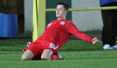 311013 - Wales v Scotland Under 16 Victory Shield International, Aberystwyth - Wales' Liam Cullen celebrates after scoring second goal