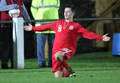311013 - Wales v Scotland Under 16 Victory Shield International, Aberystwyth - Wales' Liam Cullen celebrates after scoring second goal