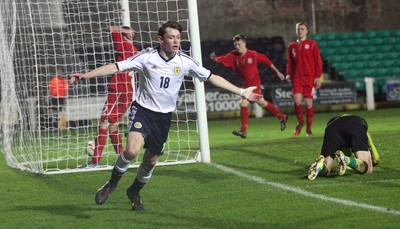 311013 - Wales v Scotland Under 16 Victory Shield International, Aberystwyth - Scotland's Theo Archibald celebrates after he scores his side's second goal