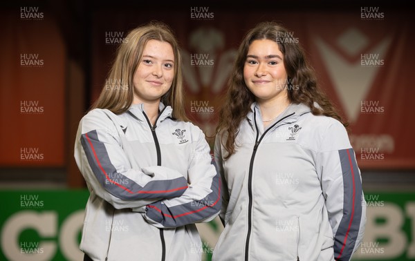 060423 - Wales Women U18 captains Katie Sims, left and  Gwennan Hopkins ahead of their departure for the 2023 Six Nations Under-18 Women’s Festival