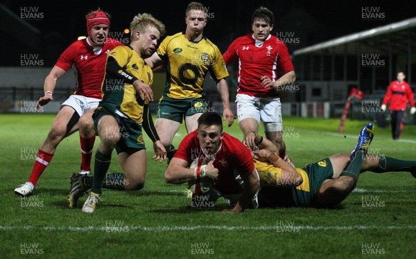 271113 - Wales U18s v Australia Schools U18s, Neath - Wales' Josh Adams reaches out to score try