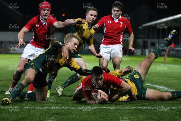 271113 - Wales U18s v Australia Schools U18s, Neath - Wales' Josh Adams reaches out to score try