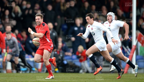 150315 - Wales Under 18s v England Under 18s -Billy McBryde of Wales runs in to score try