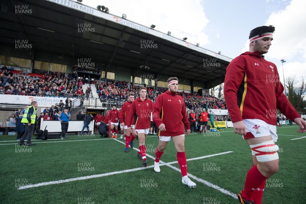 250318 - Wales U18 v England U18 - The Wales U18 team walk out at Pontypridd