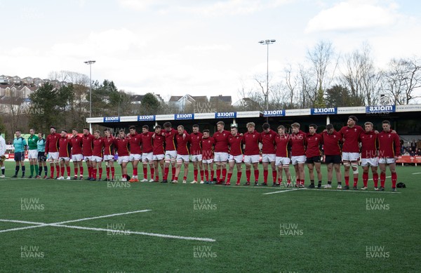 250318 - Wales U18 v England U18 - The Wales U18 team lineup for the national anthems