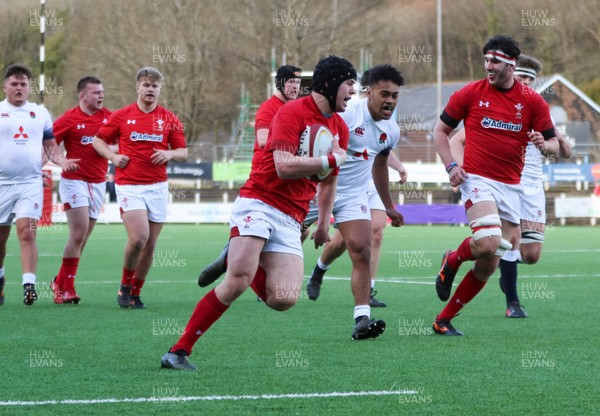 250318 - Wales U18 v England U18 - Ioan Davies of Wales races in to score try