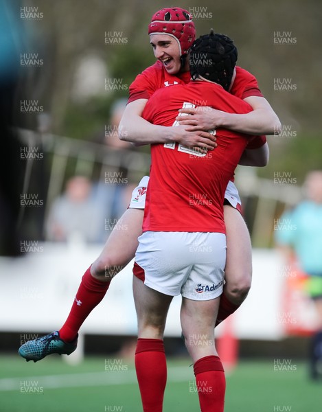 250318 - Wales U18 v England U18 - Dafydd Buckland of Wales celebrates with Ioan Davies of Wales after Davies scores try