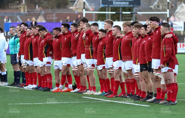 250318 - Wales U18 v England U18 - The Wales team line up for the anthems