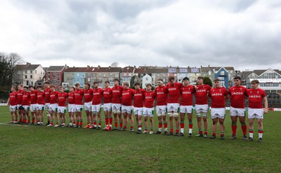 260323 - Wales U18 v England U18 - The Wales team line up for the anthem