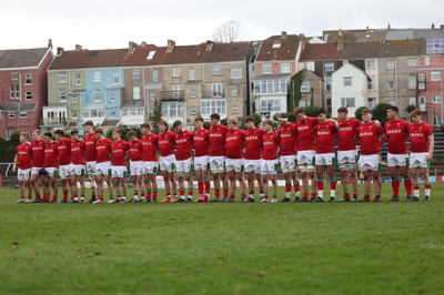 260323 - Wales U18 v England U18 - The Wales team line up for the anthem