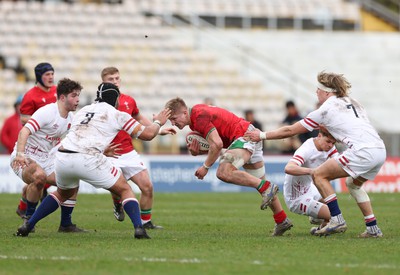 260323 - Wales U18 v England U18 - Harry Beddall of Wales charges at the England defence