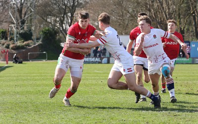 260323 - Wales U18 v England U18 - Harry Rees-Weldon of Wales is forced into touch just short of the try line