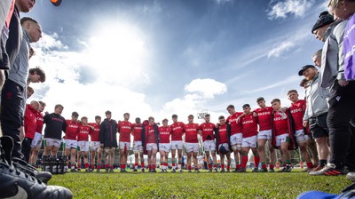 260323 - Wales U18 v England U18 - The Wales team huddle together at the end of there match