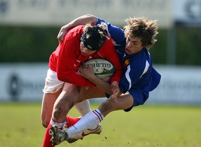 01.04.08 - Wales v France - Under 18 Six Nations 2008 - France's Teddy Iribaren tackles James Davies of Wales  