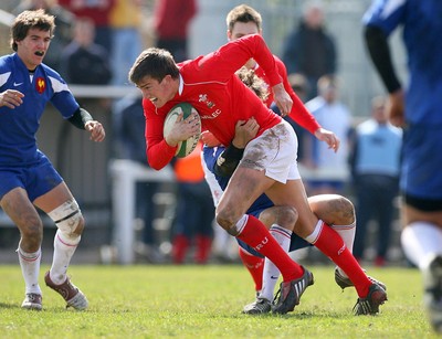 01.04.08 - Wales v France - Under 18 Six Nations 2008 - France's Teddy Iribaren tackles Matthew Jarvis of Wales  